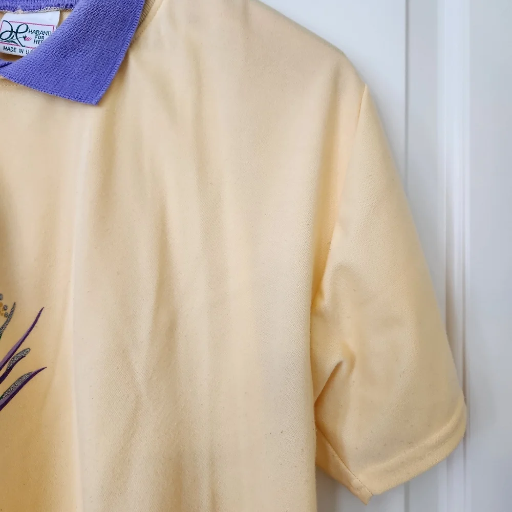 Vintage Haband For Her 80s 90 Granny Yellow Top Purple Collar Short Sleeve Large - Picture 5 of 17